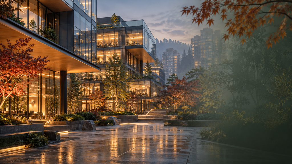 Conceptual modern office buildings with warm windows at autumn twilight